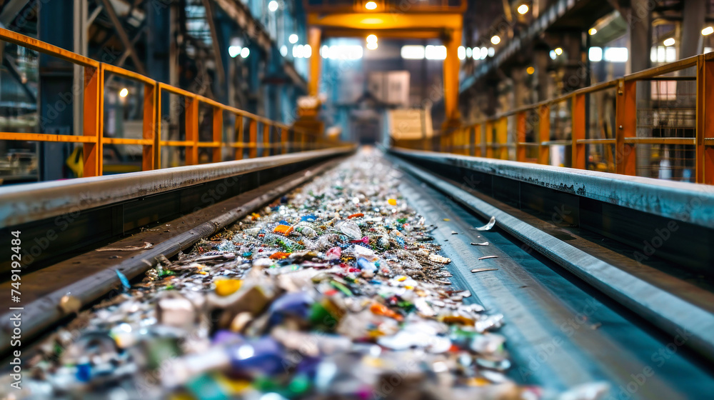 Garbage Processing Plant Conveyor Belt Filled With Trash