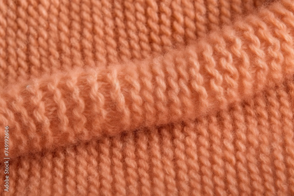 Close-up of peach-colored knitted fabric with soft texture and visible stitching.
Close-up of peach-colored knitted fabric with soft texture and visible stitching.