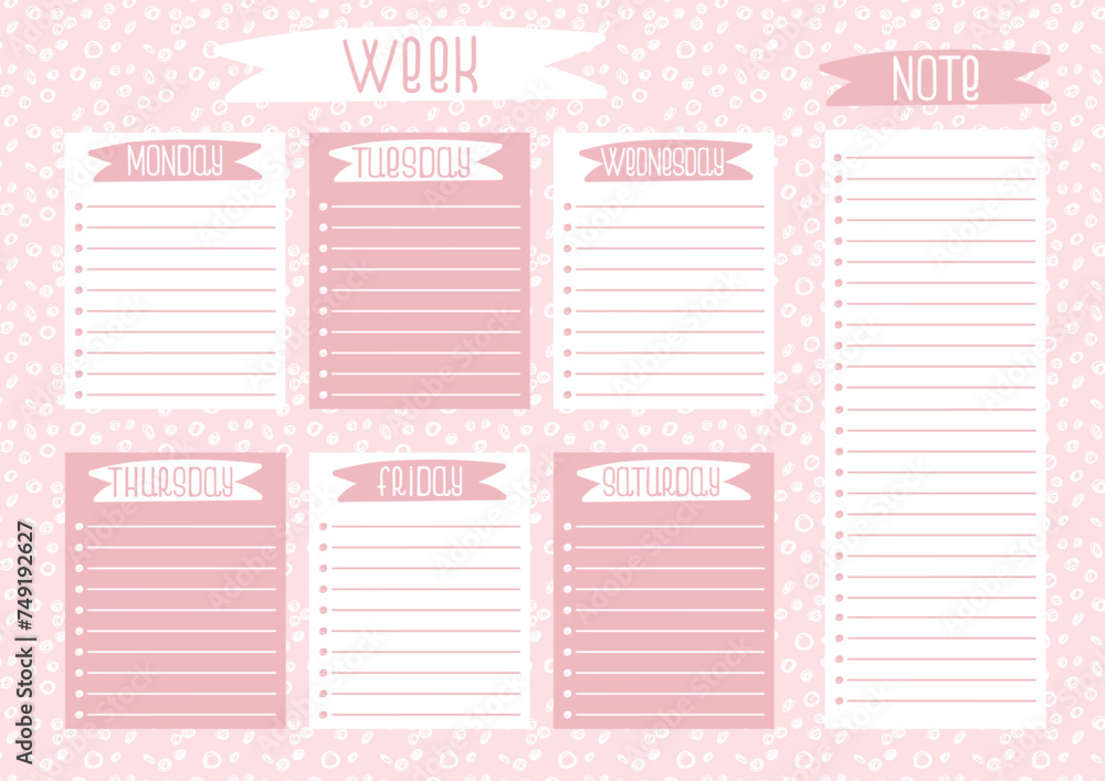 Weekly planner template on pink doodle background. Week timetable with notes Weekly planner template on pink doodle background. Week timetable with notes
