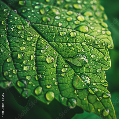 A leaf with raindrops clinging to its surface, highlighting the intricate patterns of the water droplets and the vibrant green of the leaf