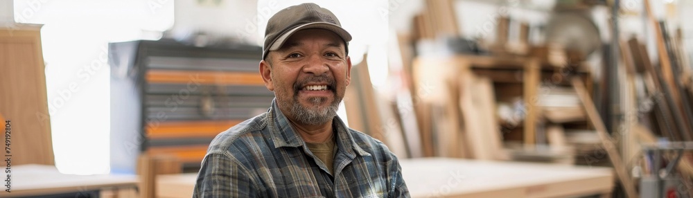 Carpenter proudly displaying a finished woodworking project, such as a table, chair or cabinet in a well-lit showroom, background image, generative AI Carpenter proudly displaying a finished woodworking project, such as a table, chair or cabinet in a well-lit showroom, background image, generative AI