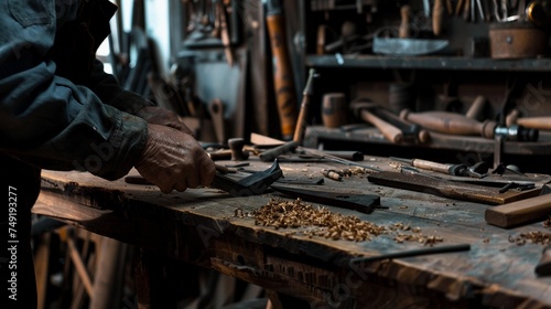 Carpenter meticulously crafting intricate joinery or details on a piece of wood, with chisels, planes and other hand tools in hand, background image, generative AI