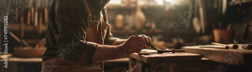 Carpenter meticulously crafting intricate joinery or details on a piece of wood, with chisels, planes and other hand tools in hand, background image, generative AI photo