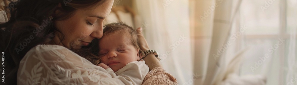 Mother cradling her newborn baby in her arms, with both of them wrapped in a soft blanket, background image, generative AI Mother cradling her newborn baby in her arms, with both of them wrapped in a soft blanket, background image, generative AI