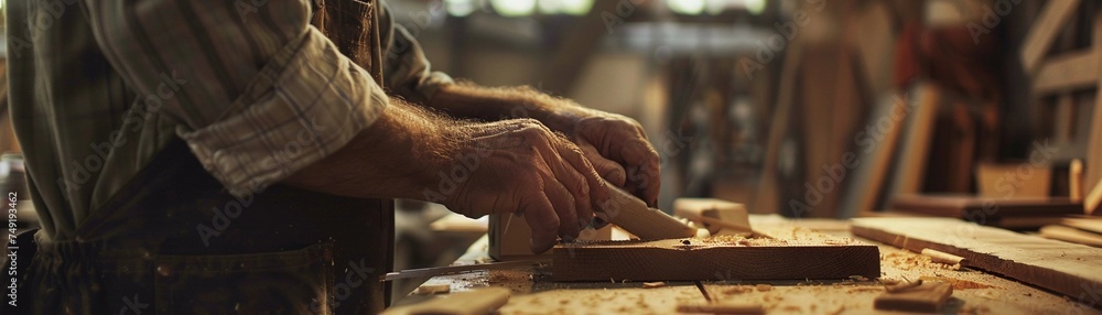 The carpenter assembling wooden pieces to construct furniture or structures, with clamps, glue and nails in hand, background image, generative AI - obrazy, fototapety, plakaty 
