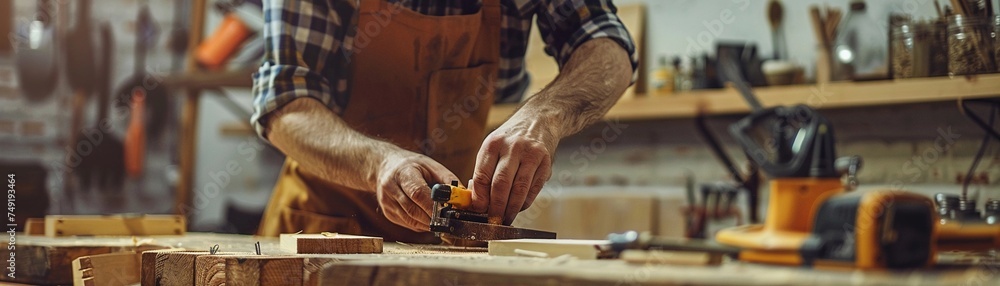 The carpenter assembling wooden pieces to construct furniture or structures, with clamps, glue and nails in hand, background image, generative AI - obrazy, fototapety, plakaty 