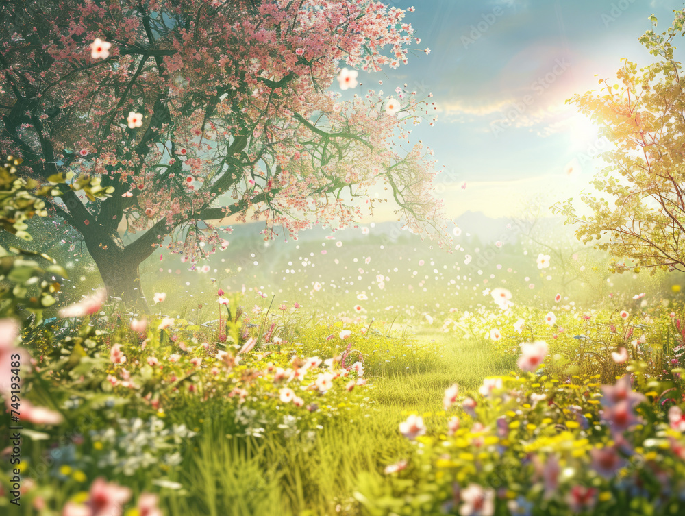 Magical Spring Orchard with Blossoms and Sun Flares