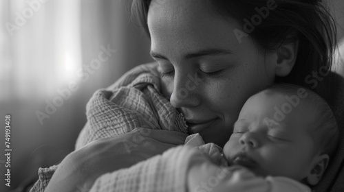 Mother cradling her newborn baby in her arms, with both of them wrapped in a soft blanket, background image, generative AI
