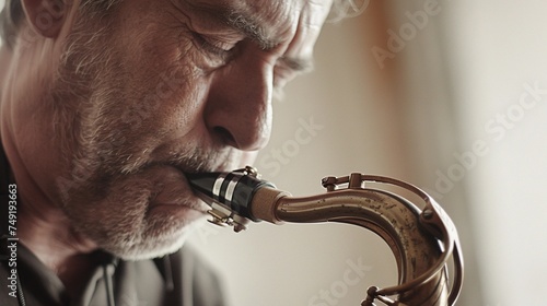 Man playing the saxophone with eyes closed, lost in the music, against a clean white background, background image, generative AI