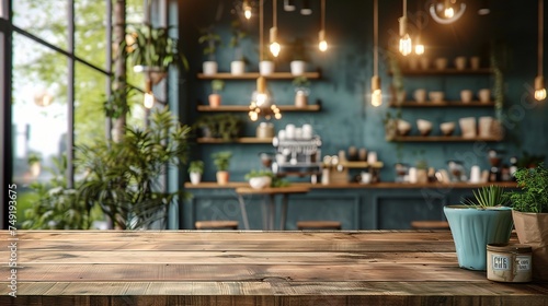 Wooden board empty Table Top And Blue Interior over blur in coffee shop Background, Mockup for display of product