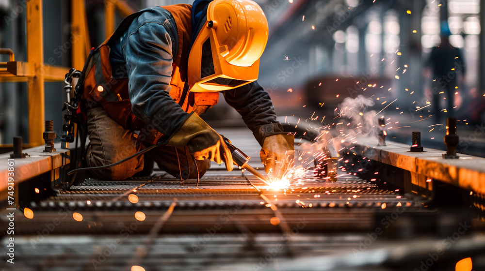 Photo of a construction worker using a welding torch to join metal parts Photo of a construction worker using a welding torch to join metal parts