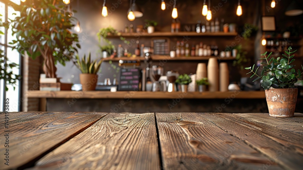 Wooden board empty Table Top And Blur Interior over blur in coffee shop Background