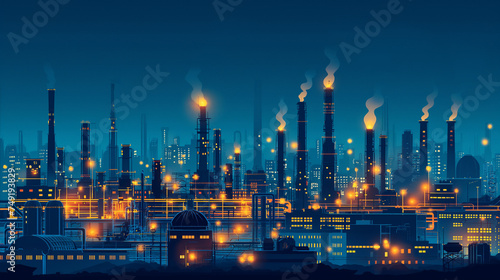 Іndustrial panorama view. Vector illustration of abstract manufacturing landscape. Dark blue background.