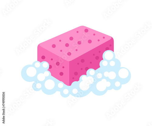 Pink sponge in soapy foam isolated on white. Vector illustration. Flat simple icon.