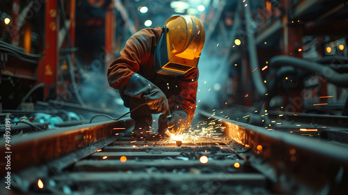 Construction worker using a welding torch to join metal parts for a railway