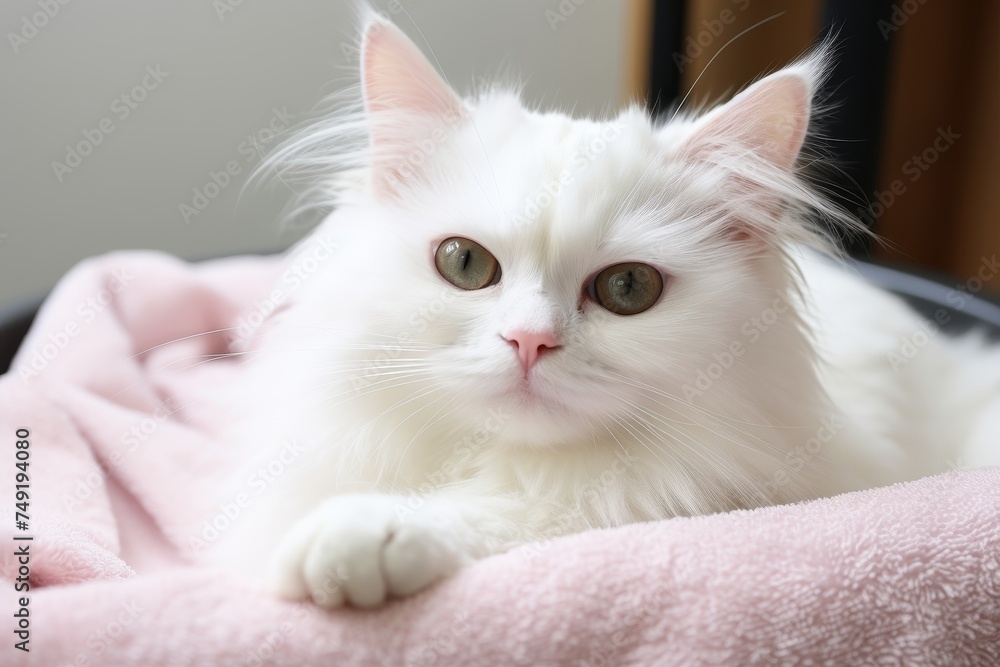 Professional groomer relaxingly combs white cat with expertise and care in salon setting