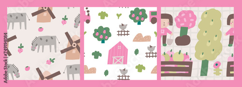 Cute farm, village, countryside theme seamless patterns set. Funny hand drawn doodle repeatable pattern with farmer, donkey, fruit tree, barn, apple. Rural life background with farm animals