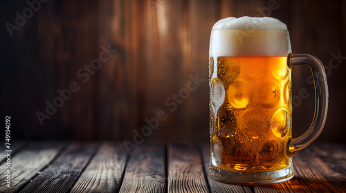 Cold mug with beer, with overflowing froth, on wooden table and dark background with copy space. Neural network generated image. Not based on any actual scene or pattern.