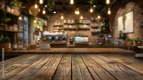 Wooden board empty Table Top And Blur Interior over blur in coffee shop Background, Mock up for display of product