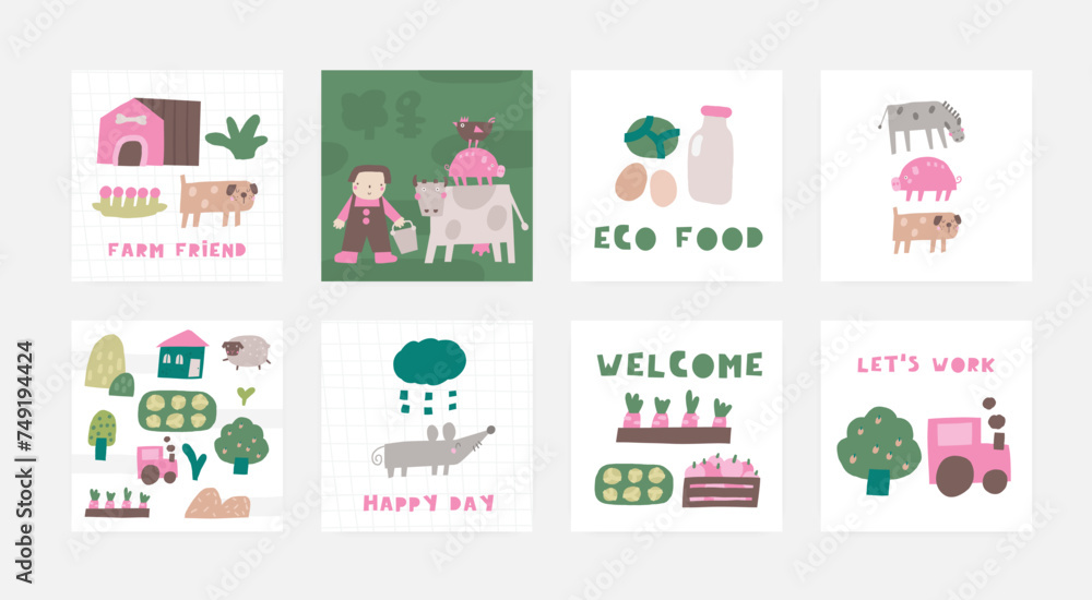 Farm animals, objects compositions set. Cute hand drawn doodle sweet donkey, pig, dog, mouse, tractor, house, barnyard, garden bed, vegetables. Card, postcard, t shirt print poster with funny animal Farm animals, objects compositions set. Cute hand drawn doodle sweet donkey, pig, dog, mouse, tractor, house, barnyard, garden bed, vegetables. Card, postcard, t shirt print poster with funny animal