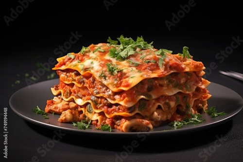 Tomato and ground beef lasagne with cheese layered between sheets of traditional Italian pasta served on a white plate on a dark restaurant or bar counter photo