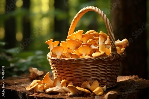Chanterelle mushrooms in a wicker basket on wooden background
