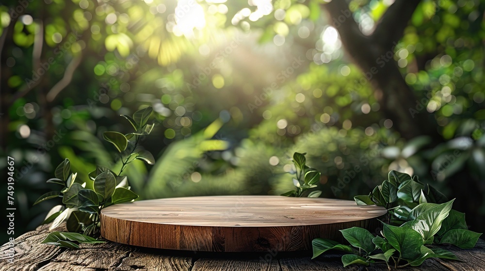 Wooden product display podium with blurred nature leaves background. Wooden product display podium with blurred nature leaves background.