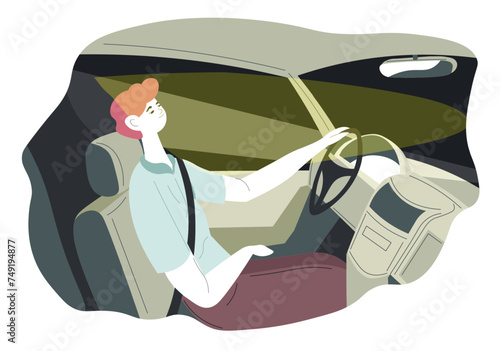 Male character driving car late at night vector