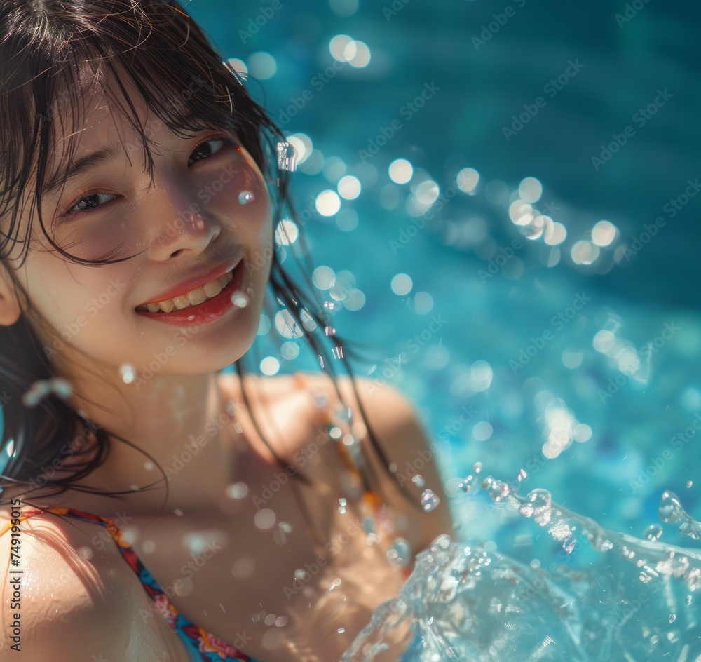 Portrait of young Asian girl posing in deep water in pool. He is enjoying his summer vacation.