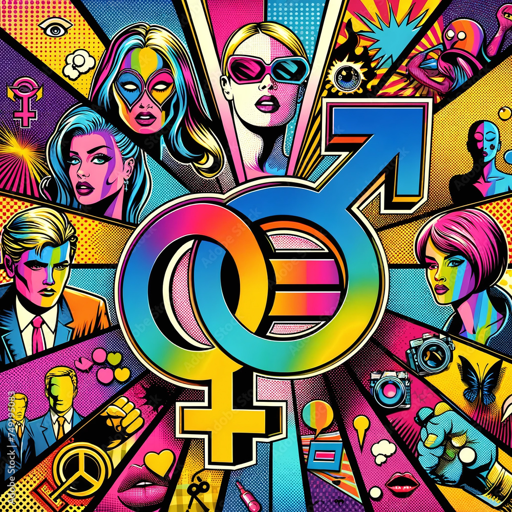 pop art-style collage that melds the iconic female and male symbols pop art-style collage that melds the iconic female and male symbols