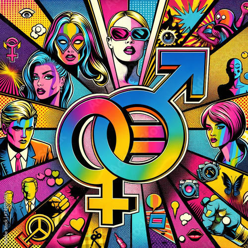 pop art-style collage that melds the iconic female and male symbols
