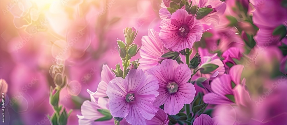 A cluster of mallow flowers with lilac pink petals standing tall amongst the green grass in a natural setting. The delicate blooms add a touch of color to the vibrant greenery of the grass. - obrazy, fototapety, plakaty 