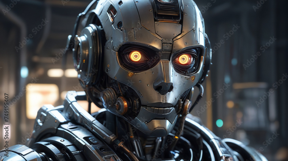 Robot face, artificial intelligence. Threat to humanity, generative AI Robot face, artificial intelligence. Threat to humanity, generative AI