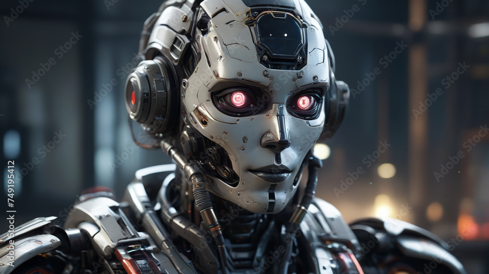 Robot face, artificial intelligence. Threat to humanity, generative AI Robot face, artificial intelligence. Threat to humanity, generative AI