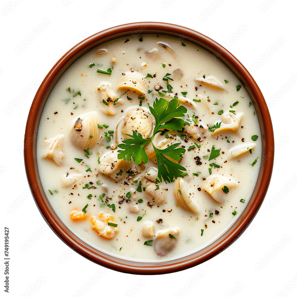 top view of a delicious-looking Clam Chowder Soup kept in food photography style isolated on a white transparent background top view of a delicious-looking Clam Chowder Soup kept in food photography style isolated on a white transparent background