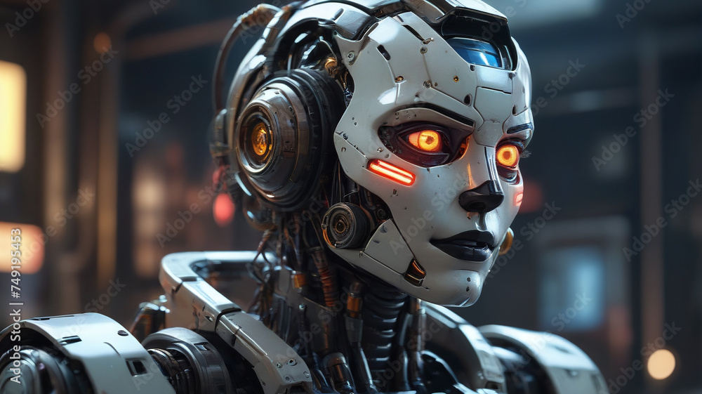 Robot face, artificial intelligence. Threat to humanity, generative AI Robot face, artificial intelligence. Threat to humanity, generative AI