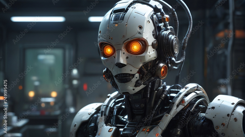 Robot face, artificial intelligence. Threat to humanity, generative AI Robot face, artificial intelligence. Threat to humanity, generative AI