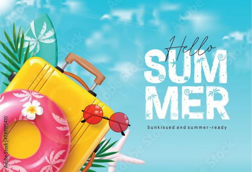Summer hello greeting vector design. Hello summer greeting text with luggage yellow bag, floaters, sunglasses and surfboard elements for tropical season travel background. Vector illustration summer 