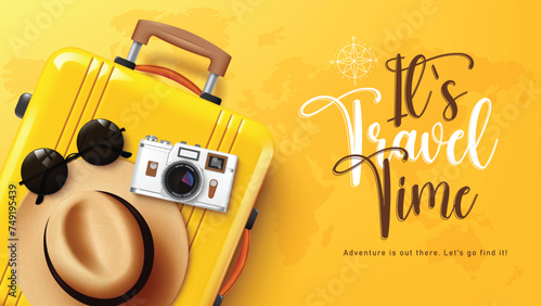 Summer travel time text vector design. Travel time text with bag luggage, hat, sunglasses and camera travelers elements in yellow map background. Vector illustration summer travel banner.
