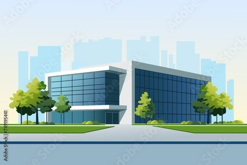 Modern company building with a green lawn  trees  a road and a parking lot against the backdrop of city silhouettes. Glass commercial building  offices  shopping center for design.