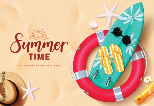 Summer time text vector background design. Summer time greeting text with lifebuoy, surfboard, sunglasses and hat beach elements in sand seashore background. Vector illustration summer greeting design
