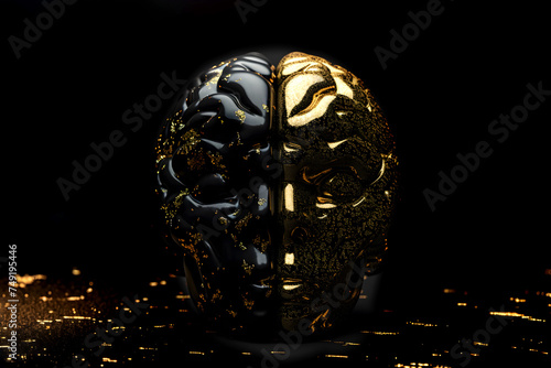 Abstract Gold mask human brain of black and gold. Metamodernism photo