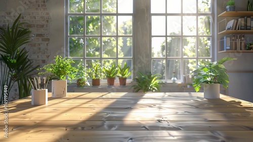 Wooden table in sunny office with big windows.