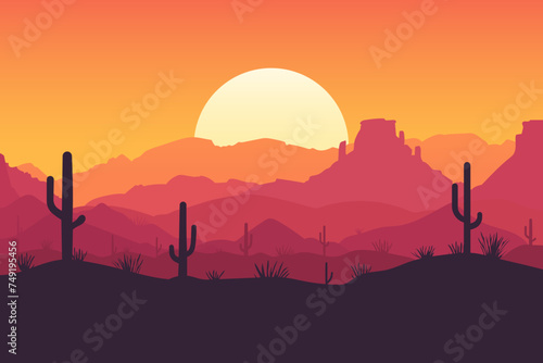Beautiful desert wild west landscape with mountains and cacti at sunset. Vector illustration of desert nature with silhouettes of cacti, bushes and sandstones.