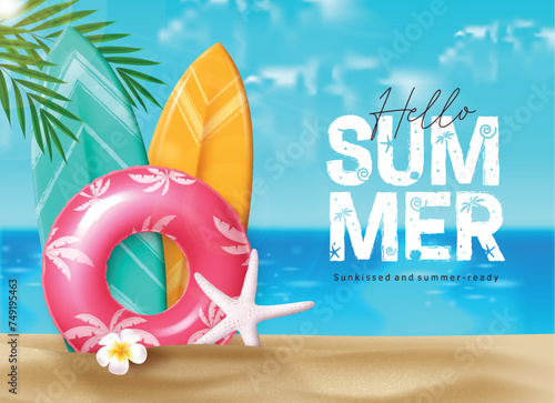 Hello summer greeting vector design. Summer hello greeting text with surfboard, floater and starfish beach elements for tropical season background. Vector illustration summer seasonal design.
