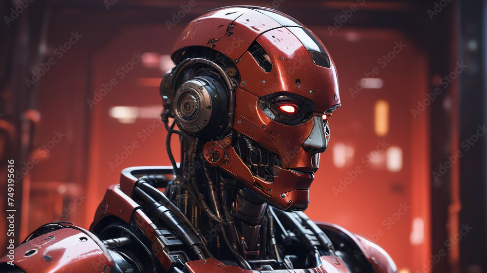 Melting robot on a red background, generative AI Melting robot on a red background, generative AI