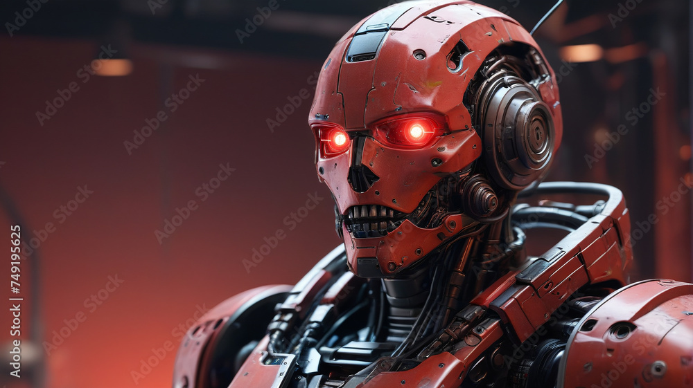 Melting robot on a red background, generative AI
