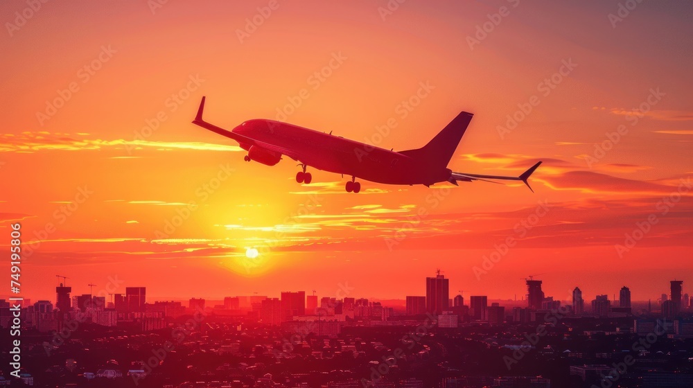 a large jetliner flying over a city under a red and yellow sky with the sun setting in the background.