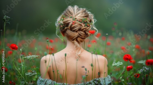 a woman standing in a field of flowers with her back to the camera, with a braid in her hair. photo