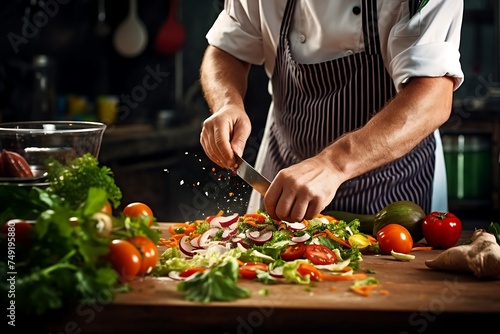 Closeup of male hands preparing salad in the kitchen